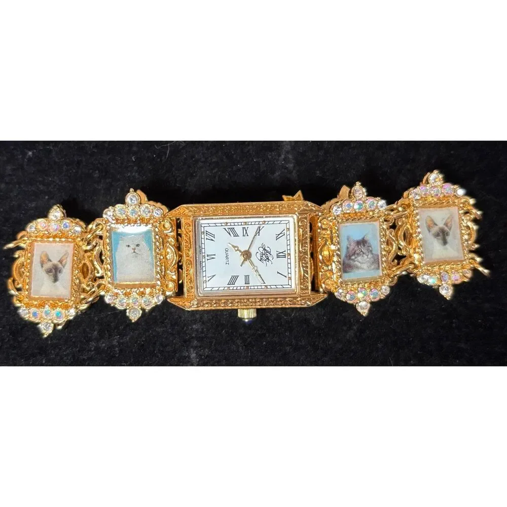 Rare VTG Kirks Folly Cat Portrait Gold Tone Bracelet Watch